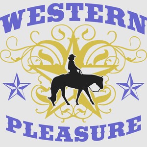 May include: A graphic design featuring the words "WESTERN PLEASURE" in blue, with a silhouette of a person riding a horse. A gold star and decorative flourishes are in the center, with blue stars on either side. The design has a western theme.