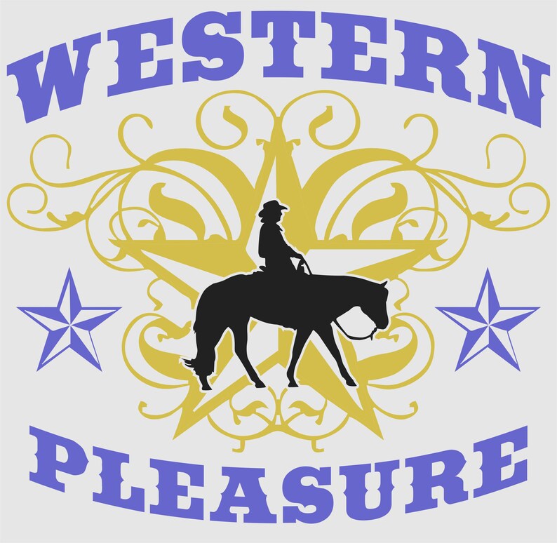 May include: A graphic design featuring the words "WESTERN PLEASURE" in blue, with a silhouette of a person riding a horse. A gold star and decorative flourishes are in the center, with blue stars on either side. The design has a western theme.