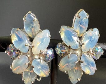 Vintage Opaline Blue Navette Rhinestone Clip Earrings Aurora Borealis Silver Tone Mid Century