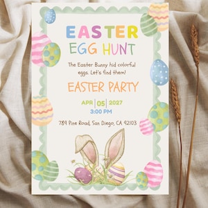 Editable Easter Egg Hunt Invitation Template, Kids Easter Party Invite, Printable Easter Invitation, Canva Template