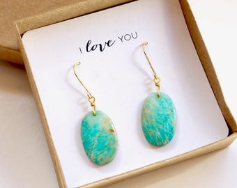 Amazonite Earrings, Gold Earrings, Earrings, Madagascar Amazonite, Gift Boxed Earrings, Gift for Her, Gift for Wife, Gemstone Earrings 1A