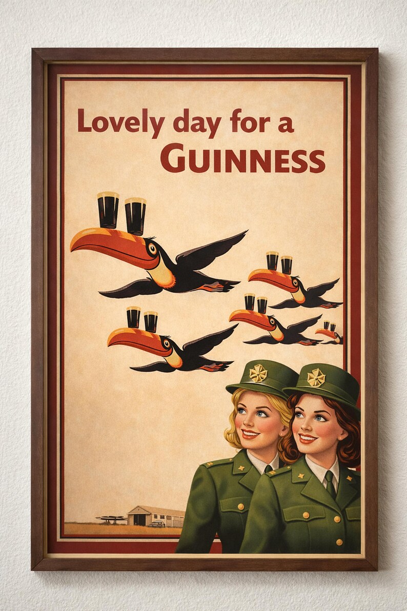 May include: Vintage-style framed poster with the text "Lovely day for a Guinness." The artwork features toucans carrying pints of Guinness, with two women in green uniforms and hats in the foreground. The poster has a brown frame.
