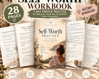 Op de afbeelding: Een werkboek van 28 pagina's getiteld Self-Worth Practice: 7-Day Workbook A Gentle Journey Back To Yourself. De omslag toont een persoon die naar een zonsondergang over het water kijkt. Bevat pagina's met affirmaties en dagelijkse oefeningen.