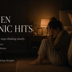 May include: A person sitting on the floor in a dimly lit room with the text WHEN PANIC HITS, your mind stops thinking clearly, racing heart, chest tightness, dizziness, fear, and overwhelming thoughts displayed in white serif and sans-serif fonts.