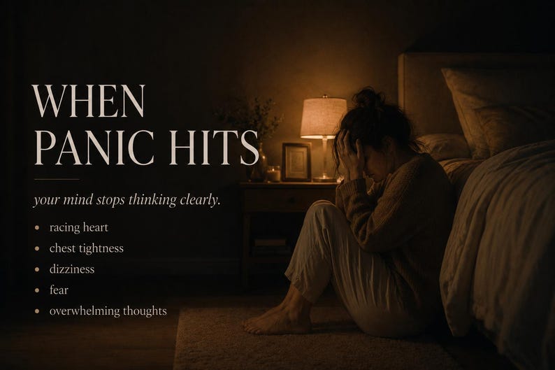 May include: A person sitting on the floor in a dimly lit room with the text WHEN PANIC HITS, your mind stops thinking clearly, racing heart, chest tightness, dizziness, fear, and overwhelming thoughts displayed in white serif and sans-serif fonts.