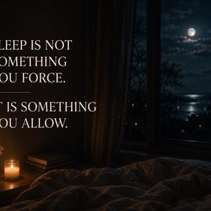 Puede incluir: Un dormitorio oscuro con una mesita de noche, una vela encendida y un peque&ntilde;o jarr&oacute;n con flores secas. El texto dice: SLEEP IS NOT SOMETHING YOU FORCE. IT IS SOMETHING YOU ALLOW. Una ventana muestra una luna llena en la noche.