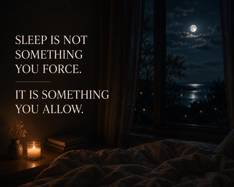 Puede incluir: Un dormitorio oscuro con una mesita de noche, una vela encendida y un peque&ntilde;o jarr&oacute;n con flores secas. El texto dice: SLEEP IS NOT SOMETHING YOU FORCE. IT IS SOMETHING YOU ALLOW. Una ventana muestra una luna llena en la noche.