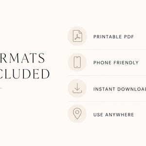 May include: The text FORMATS INCLUDED appears on the left. To the right are four circular icons with corresponding text: a PDF icon labelled PRINTABLE PDF, a phone icon labelled PHONE FRIENDLY, a download icon labelled INSTANT DOWNLOAD, and a location pin icon labelled USE ANYWHERE.