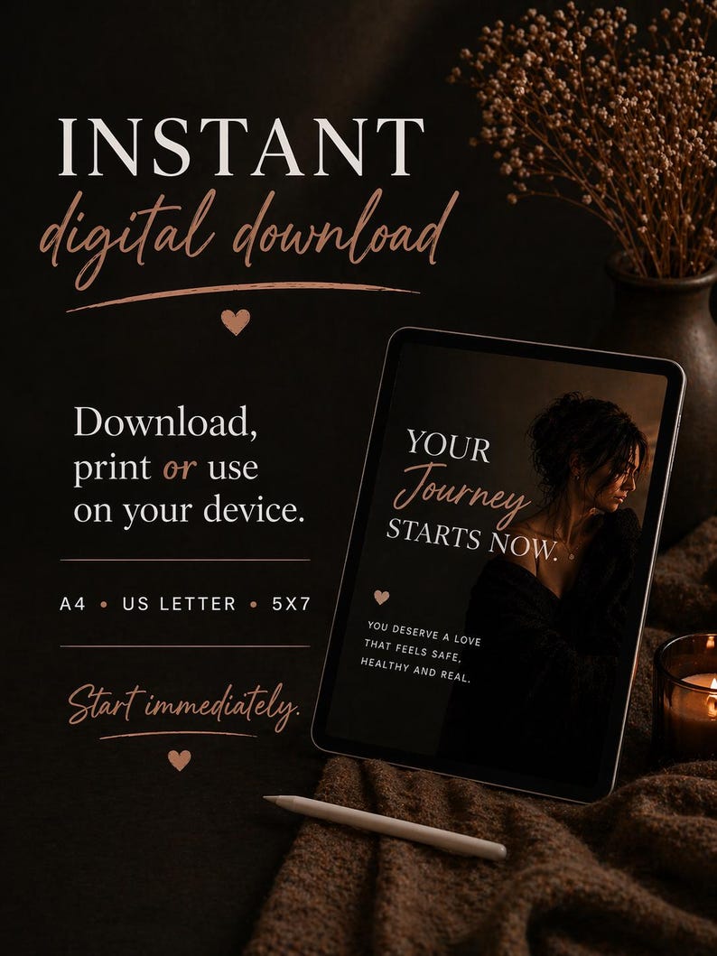 May include: A digital download advertisement with the words "INSTANT digital download" in white and rose gold script. The image includes a tablet displaying the text "YOUR Journey STARTS NOW" and a quote. The ad also mentions A4, US LETTER, and 5X7 sizes.