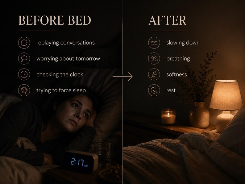 Puede incluir: Un gr&aacute;fico de pantalla dividida que compara estados de sue&ntilde;o. El lado izquierdo titulado BEFORE BED enumera replaying conversations, worrying about tomorrow, checking the clock y trying to force sleep. El lado derecho titulado AFTER enumera slowing down, breathing, softness y rest.