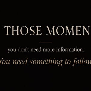 May include: A black graphic print featuring the white text IN THOSE MOMENTS in a bold serif font, followed by a horizontal line, and the smaller white text you don't need more information. You need something to follow. in a serif font.