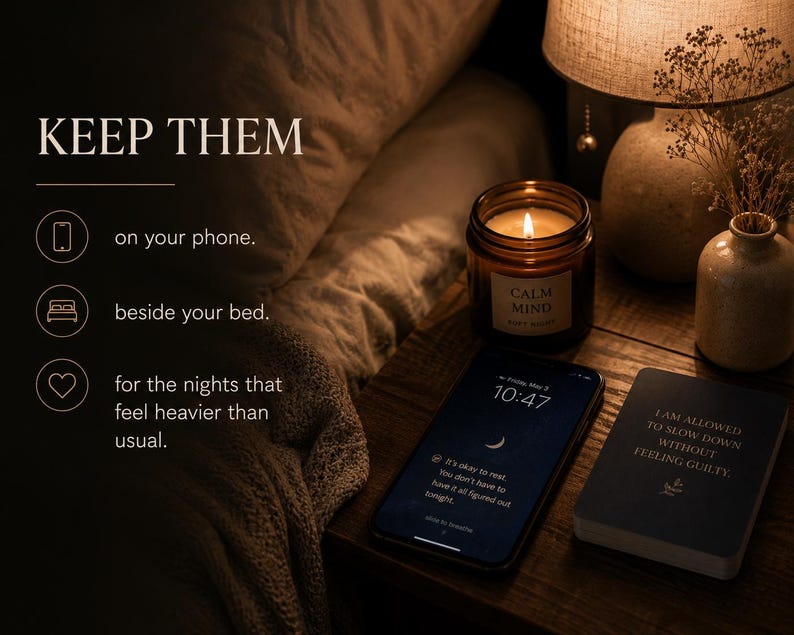 Puede incluir: Una mesita de noche de madera marr&oacute;n oscuro sostiene una vela encendida en un vaso de vidrio &aacute;mbar con la etiqueta CALM MIND, un tel&eacute;fono inteligente que muestra la hora 10:47 y un icono de luna, y una tarjeta rectangular oscura con el texto I AM ALLOWED TO SLOW DOWN WITHOUT FEELING GUILTY.