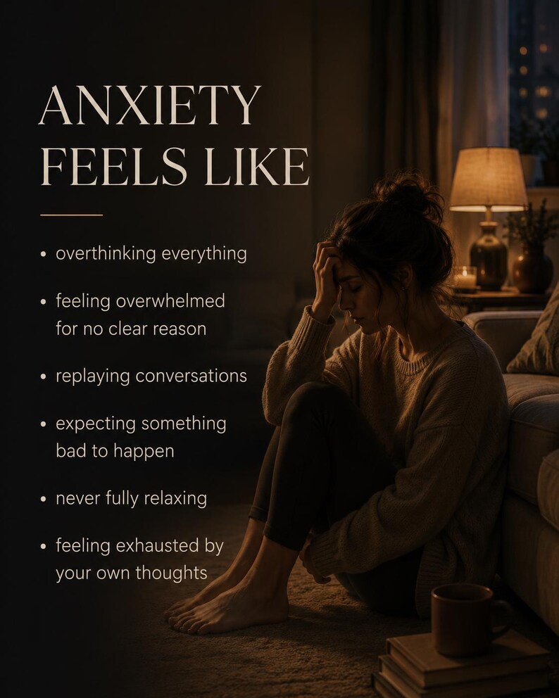 May include: A poster with the text ANXIETY FEELS LIKE followed by a list: overthinking everything, feeling overwhelmed for no clear reason, replaying conversations, expecting something bad to happen, never fully relaxing, and feeling exhausted by your own thoughts.