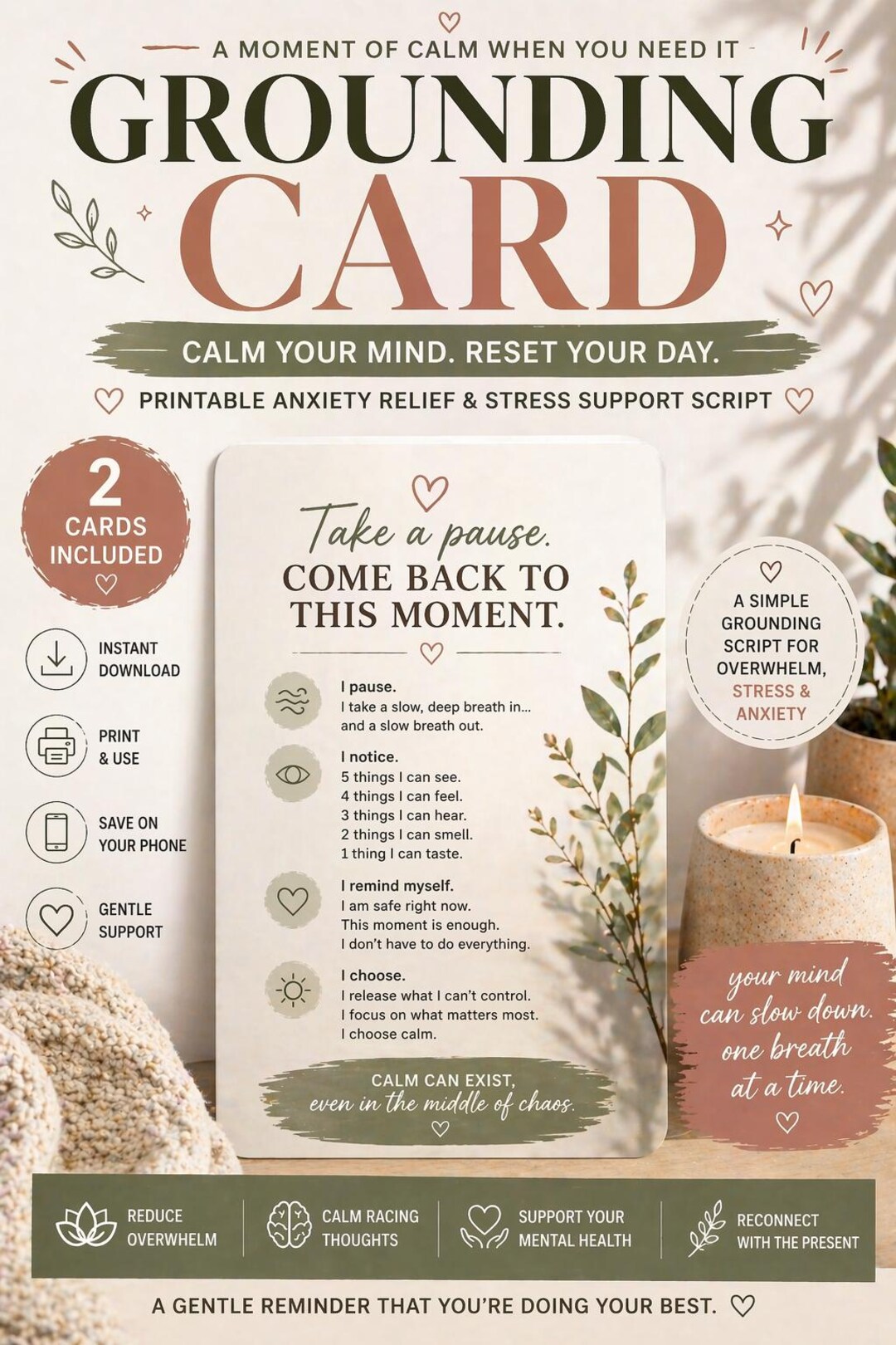 Grounding Anxiety Relief Card Printable | Calm Down Script for ...