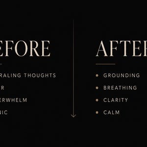 May include: A black graphic with white text divided into two columns labelled BEFORE and AFTER. The BEFORE column lists spiraling thoughts, fear, overwhelm, and panic. The AFTER column lists grounding, breathing, clarity, and calm, with a downward arrow.