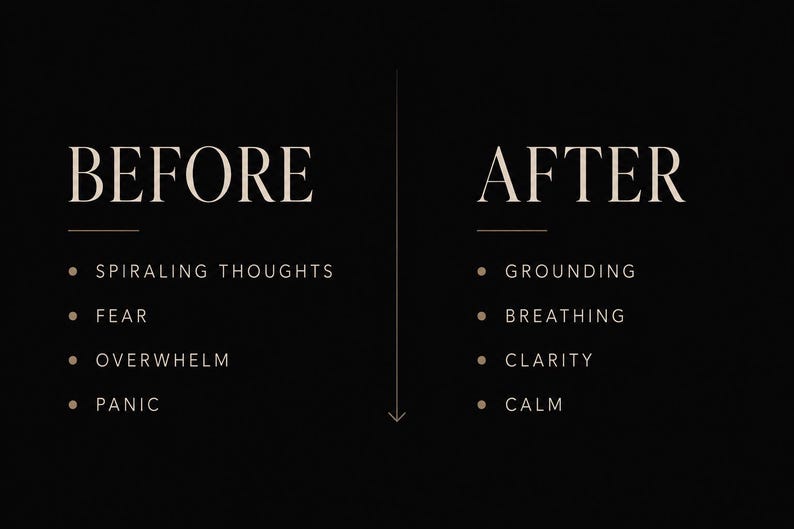 May include: A black graphic with white text divided into two columns labelled BEFORE and AFTER. The BEFORE column lists spiraling thoughts, fear, overwhelm, and panic. The AFTER column lists grounding, breathing, clarity, and calm, with a downward arrow.