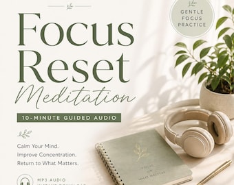 Op de afbeelding: Afbeelding die een meditatie audioprogramma promoot. De tekst luidt "Focus Reset Meditation" met "10-Minute Guided Audio". Een notitieboek, koptelefoon en pen zijn op een tafel geplaatst. Het notitieboek zegt "Focus on What Matters."