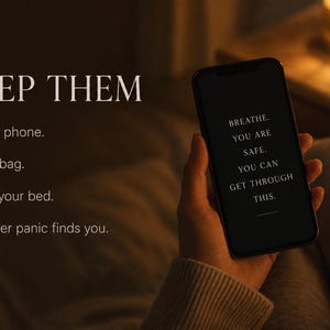 May include: A smartphone displaying black screen text that reads: BREATHE. YOU ARE SAFE. YOU CAN GET THROUGH THIS. To the left, white text reads: KEEP THEM on your phone. In your bag. Beside your bed. Wherever panic finds you. The device is held in a hand.