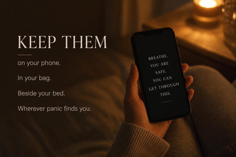 May include: A smartphone displaying black screen text that reads: BREATHE. YOU ARE SAFE. YOU CAN GET THROUGH THIS. To the left, white text reads: KEEP THEM on your phone. In your bag. Beside your bed. Wherever panic finds you. The device is held in a hand.