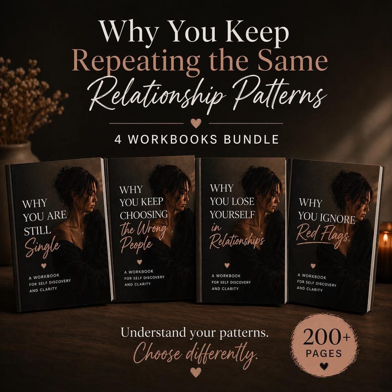 May include: A bundle of four workbooks with titles like "Why You Are Still Single" and "Why You Keep Choosing the Wrong People." The covers feature a woman's portrait. The text reads "Why You Keep Repeating the Same Relationship Patterns."