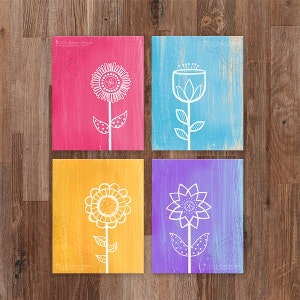 Whimsical Flower Printable Art, Modern Flower Art Print Set, Pink, Blue, Orange, Purple, 8x10 Digital Art Printable Set INSTANT DOWNLOAD image 1