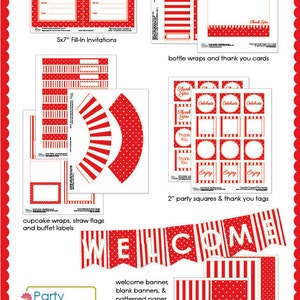 Red Stripes &amp; Dots Printable Party, DIY Party Kit Birthday, Holiday ...