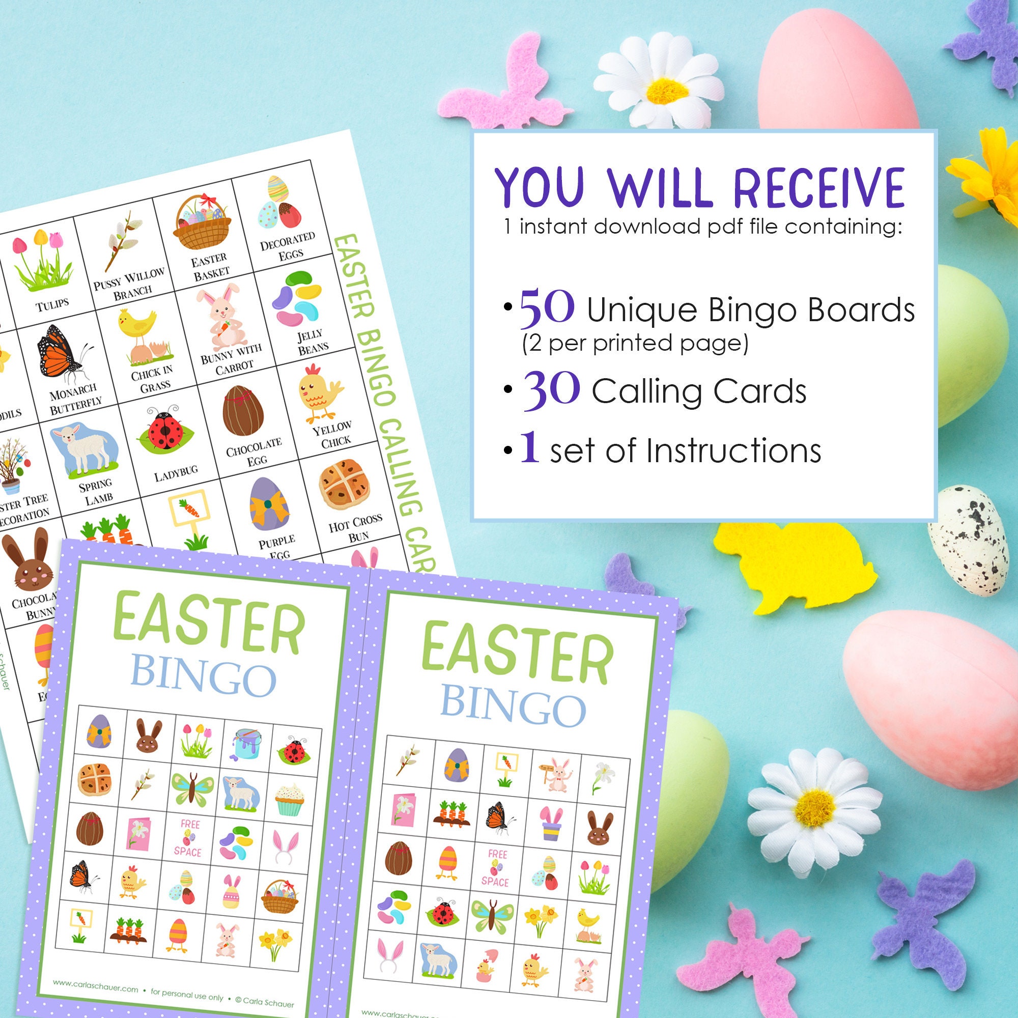 Printable Easter Bingo Boards, 50 Cards Set, Easter Game for Kids ...