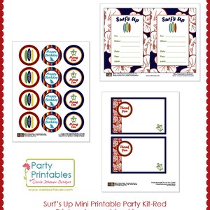 Surfer Birthday Party Printables with Invitation, Red.DIY Mini Party Kit Surfboards, Sharks, Turtles & Hibiscus print. INSTANT DOWNLOAD image 2