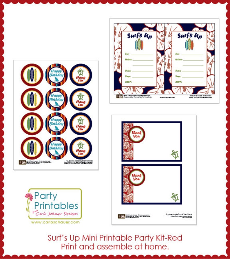 Surfer Birthday Party Printables with Invitation, Red.DIY Mini Party Kit Surfboards, Sharks, Turtles & Hibiscus print. INSTANT DOWNLOAD image 2