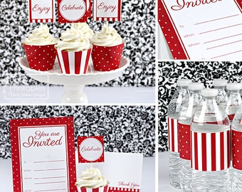 Red Stripes & Dots Printable Party,  DIY Party Kit Birthday, Holiday, Team. Red and White Toppers, Wraps, Invitation. Instant Download.