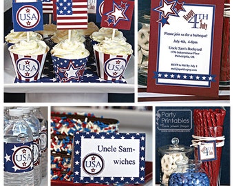 July 4th Patriotic Party Kit, Printable, Editable. USA Stars & Stripes invitation included.  DIY Instant Download Print-at-home Kit