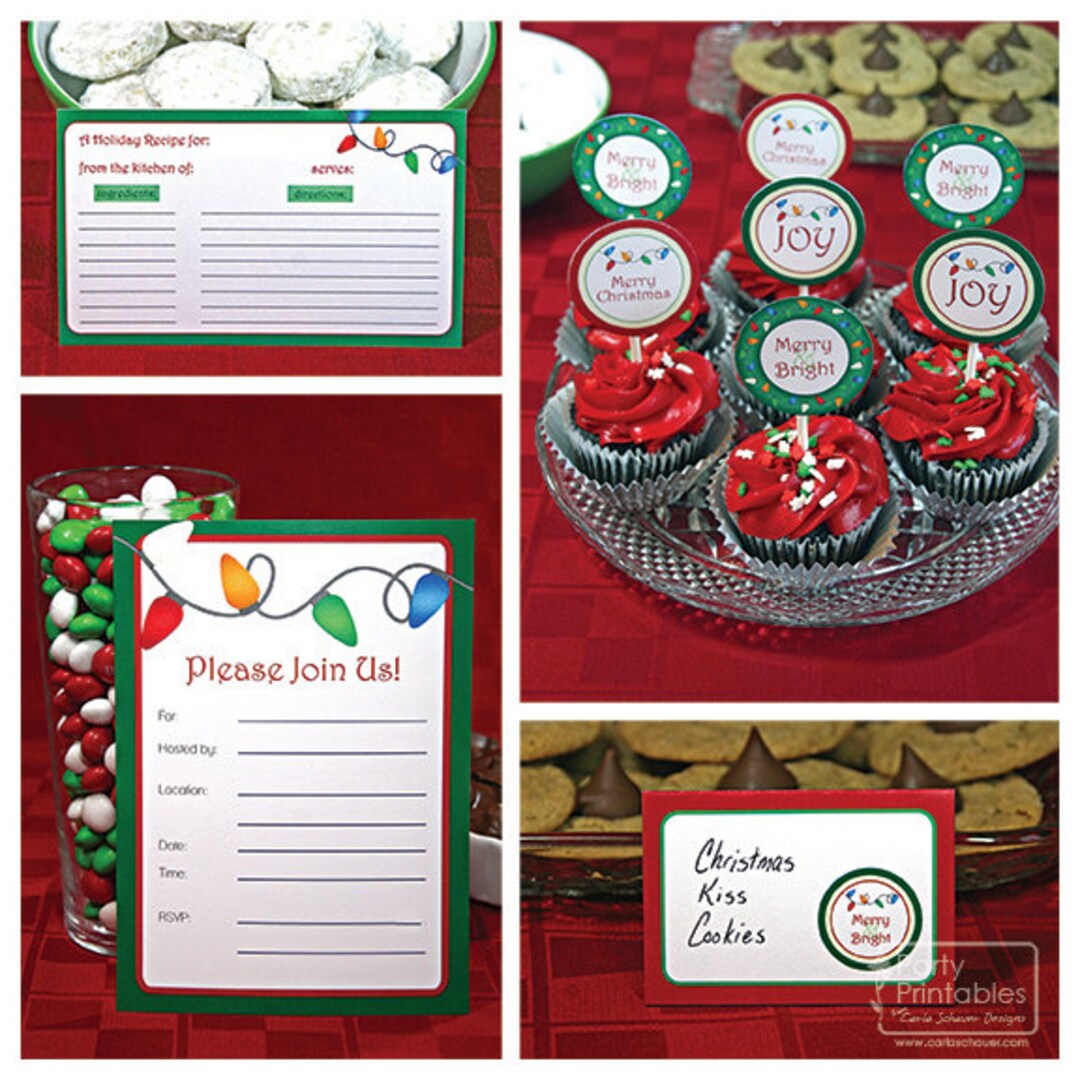 Christmas Party Printable Decoration Kit, Christmas Lights, Red and ...