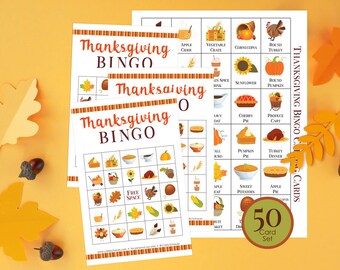 Printable Thanksgiving Bingo Boards, 50 Cards Set, Autumn Game for Kids, Teens, Adults, Seniors, Fall Party Activity, Large Group, 5x5