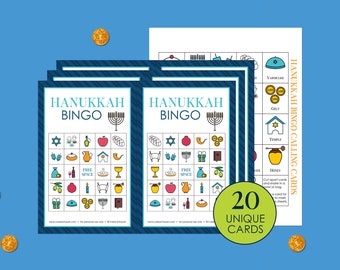 Hanukkah Bingo Printable Game, 20 Unique Chanukah Bingo Boards, for Kids, Adults, Seniors, Kids. Hebrew School Classroom Activity, 5x5 Grid