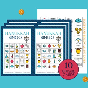 10 cartes de bingo Hanukkah imprimables, jeu de bingo Hanoukka, activité familiale, petits groupes, personnes âgées, enfants. École hébraïque, grille 5x5, pas de lecture