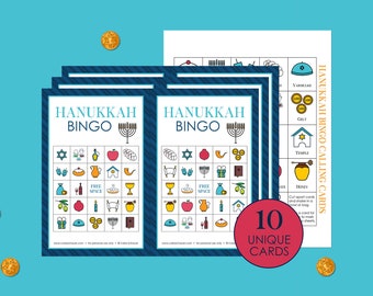 10 Printable Hanukkah Bingo Cards, Chanukah Bingo Game, Family Activity, Small Groups, Seniors, Kids. Hebrew School, 5x5 Grid, No Reading