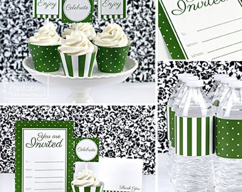 Green Stripes & Dots Printable Party,  DIY Party Kit Birthday, Holiday, Team. Green and White Toppers, Wraps, Invitation. Instant Download.