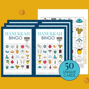 Jeu de bingo à Hanoucca imprimable, 50 cartes de bingo de Hanoucca, pour familles, grands groupes, centres pour personnes âgées, activité scolaire hébraïque, bingo avec images