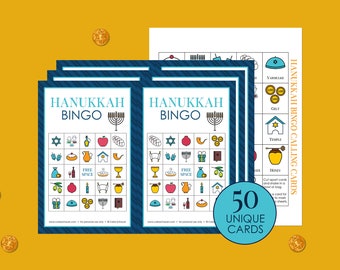 Printable Hanukkah Bingo Game, 50 Chanukah Bingo Cards, for Families, Large Groups, Senior Centers, Hebrew School Activity, Picture Bingo