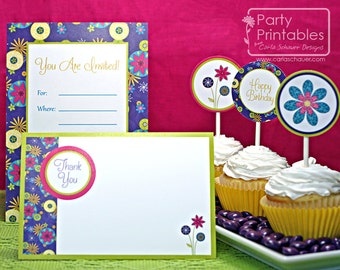 Modern Floral Birthday Party Printable Decorations with Invitation, Purple Floral. DIY Mini Party Kit- INSTANT DOWNLOAD