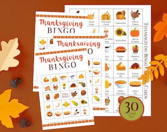 30 Printable Thanksgiving Bingo Sheets, 5x5, Bingo Game for Classroom, Fall Party Activity, Kids, Teens, Adults, Seniors. Cute Autumn Bingo