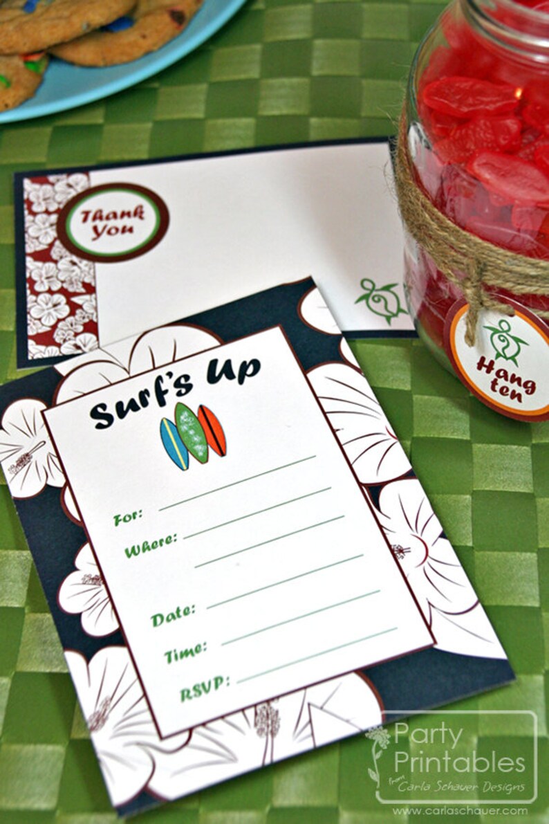 Surfer Birthday Party Printables with Invitation, Red.DIY Mini Party Kit Surfboards, Sharks, Turtles & Hibiscus print. INSTANT DOWNLOAD image 1