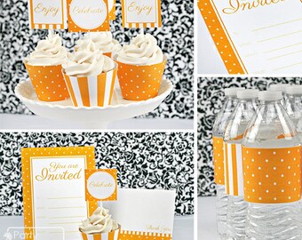 Orange Stripes & Dots Printable Party,  DIY Party Kit Birthday, Holiday, Team. Orange/White Toppers, Wraps, Invitation. Instant Download.