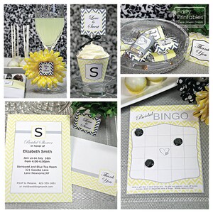 May include: Bridal shower invitation with yellow and gray chevron pattern. The invitation says "Bridal Shower in honor of Elizabeth Smith" and includes the date, time, and location of the event. RSVP information is also included.