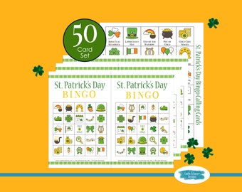 Printable St Patrick's Day Bingo Boards, 50 Cards Set, St Patrick's Game for Kids, Teens, Adults, Seniors, Fun Party Activity, Large Group