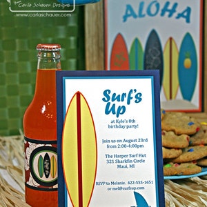 May include: A blue and white invitation card with a surfboard graphic and the text "Surf's Up" at Kyle's 8th birthday party. The invitation includes the date, time, location, and RSVP information.