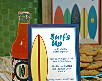 Surfer Birthday Party Printable Kit with Invitation, Red. +CUSTOMIZABLE text. INSTANT DOWNLOAD - you personalize at home with Adobe Reader