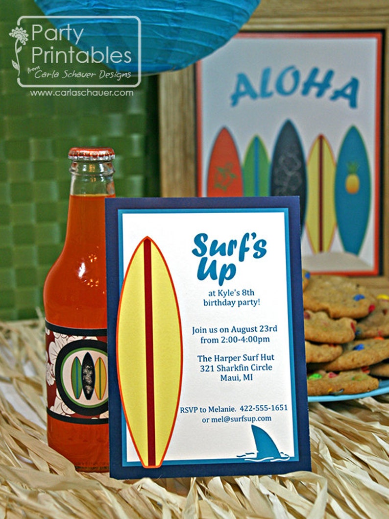 Surfer Birthday Party Printable Kit with Invitation, Red. CUSTOMIZABLE text. INSTANT DOWNLOAD you personalize at home with Adobe Reader image 1