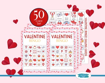 Printable Valentine's Day Bingo Boards, 50 Cards Set, Valentine Game for Kids, Teens, Adults, Seniors, Fun Party Activity, Large Group, 5x5