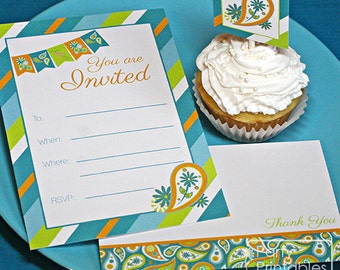 All Occasion Printable Party, Floral Paisley. Aqua, Lime, Orange, Daisy DIY Mini Party Kit, with Invitation. Instant Download.